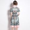 Foto real em estoque camisa gola tridimensional A-line bainha plissada vestido estampado floral com cinto