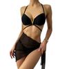Conjunto de 3 Peças Sexy de Cor Sólida Costas Nuas Decote V com Alças Renda Sexy Quente Gola Alta Moda Praia Feminina Comércio Exterior Transfronteiriço