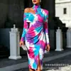 Transfronterizo Nuevo Estampado Digital Casual Personalidad Moda Temperamento Vestido de Manga Larga Hombros Descubiertos Falda Primavera y Otoño Mujer