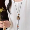 Collar Trenzado de Cuerda con Perlas de Piedra Natural para Mujer, Cadena para Clavícula de Piedra Ojo de Tigre Estilo Chino Nuevo Vintage, Accesorio Largo Colgante para el Cuello con Manchas