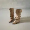Botas de Equitação de Cano Alto com Fivela Retro Femininas 2026 Primavera/Outono Novo Cáqui Bico Fino Salto Bloco Temperamento Garota Apimentada Botas Longas