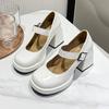 Sapatos Mary Jane de Salto Alto para Mulheres 2024 Verão Novos Sapatos de Casamento Brancos Estilo Francês com Saia Salto Grosso Sapatos Pequenos de Couro