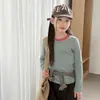 Camiseta de listras estilo coreano Aimobebe para meninas, mistura de algodão infantil, macia e confortável, alta elasticidade, top de manga longa color-block retrô