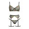 Nuevo Conjunto de Lencería Sexy de Verano Multicolor con Aberturas y Portaligas Florales Transparentes con Aros para Piernas, Conjunto de Cuatro Piezas