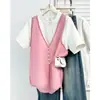 Camiseta da moda falsa de duas peças para mulheres, plus size, novo estilo de verão 100kg versátil gola redonda manga curta para senhoras plus size 9878