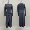 Estación Independiente Europeo y Americano 2025 Transfronterizo Otoño e Invierno Nueva Ropa de Mujer Color Puro Exquisito Envolvente Falda Larga Vestido de Manga Larga Anudado