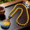 Collar con Colgante de Hoja de Cristal de Colores con Colgante de Buda Guan Gong, Cadena Versátil para Suéter con Piedras de Colores Pixiu