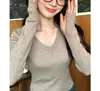 Pusumedes Interpreta Suéter Básico Elegante de Punto con Cuello en V para Mujer, Camisa Ajustada para Vestir por Capas, Top de Manga Larga