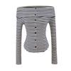 Camiseta Listrada Manga Longa Off-Shoulder Estilo Desejo Puro Garota Picante para Mulheres Outono 2025 Nova Blusa Afinando a Cintura Expondo a Clavícula