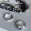 Anel Oval Azul Céu Zircônia Doce e Fresco para Mulheres Estilo Francês Retro Prata Quebrada Fosca Prata S925 Anel Aberto para Dedo Indicador Tendência