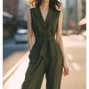 Macacão Elegante Verde para Mulheres, Verão 2026 High-End Profissional Sem Mangas Calça Wide-Leg Conjunto