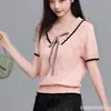 2025 Moderna Dulce Puro Deseo Color Contrastante Cuello en V Con Cordones Hombro Derecho Manga Corta Camiseta Verano Sexy Aspecto Adelgazante Top