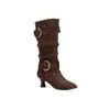 Botas de Salto Alto até o Meio da Panturrilha Tamanho 34-46 com Salto Grosso para Mulheres, Botas de Couro Femininas Cross-Border com Bico Redondo, Estilo Slip-On, Sola Macia de Borracha Confortável