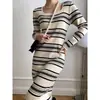 Vestido de Punto Rayado Cuadrado de Primavera, Otoño e Invierno Estilo Francés, Diseño Elegante y Ceñido, Vestido Largo de Manga Larga
