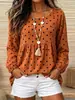 Camisa casual vintage de lunares para mujer con tela acanalada texturizada, corte holgado, dobladillo plisado, top de manga larga, suministro