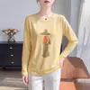 Camiseta de Algodón y Cáñamo con Estampado de Dibujos Animados Manga Larga para Mujer Estilo Coreano Rejuvenecedora Simple Transpirable Cuello Redondo Holgada Manga Corta