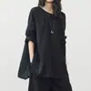 Blusa Holgada de Lino Negro con Cuello Redondo para Mujer 2026, Bolsillos Laterales con Abertura, Estilo Casual, Manga Tres Cuartos de Algodón y Lino