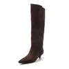 Botas femininas de cano alto com salto alto em couro legítimo, bico fino, salto médio fino, estilo para calçar