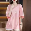 Comercio electrónico transfronterizo~Camiseta de manga corta de corte alto que reduce la edad para mujer, holgada, talla grande, para chicas con sobrepeso, top que cubre el abdomen, oculta la grasa, luce delgada