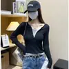 Camiseta de Manga Longa Falsa Duas Peças Atacado Transfronteiriço Outono e Inverno, Feminina, Efeito Emagrecedor, Design de Gola V, Top Versátil de Nicho