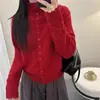 Cárdigan de punto juvenil estilo coreano con encaje calado y cuello alto, nuevo modelo de otoño e invierno, suave y cómodo, adelgazante, holgado y versátil