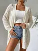Elegante Cardigã de Tricô Vazado para Mulheres, Moda Outono e Inverno, Cor Sólida, Sem Botões, Comprimento Médio, Peça de Roupa Casual para o Dia a Dia