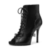 Zapatos de Tacón Negros Sexys Jazz Especial Zapatos de Baile con Cordones Tacones Altos Cortos Zapatos de Baile Suela Suave Botines Cortos Tacones para Mujer