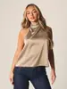 Bestseller transfronteiriço europeu e americano: Top de seda de alta qualidade com gola halter e babados, gola alta, ombros à mostra, corte solto, blusa modeladora e elegante