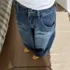 Jeans Lavados Estilo Americano con Dobladillo Curvo para Mujer, Nuevo Otoño Talla Grande, Cintura Alta, Caída Suelta, Pierna Ancha Recta, Pantalones Tipo Hoz
