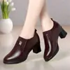 Zapatos de tacón grueso de cuero suave para mujer para primavera y otoño, nuevo estilo 2026, zapatos de cuero de tacón medio con corte profundo y suelas suaves para madres de mediana edad