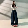 26 Novo estilo popular, calça de trabalho cor original, jeans de corte solto com múltiplos bolsos para mulheres, versátil e modelador, cor original, comprimento estendido, disponível para dropshipping