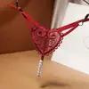 Calcinha Sexy Feminina Rendada com Pérolas para Massagem, Fio Dental com Abertura na Virilha, Renda Transparente, Calça T Elástica Apaixonante