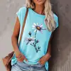 Novidades de Primavera e Verão Transfronteiriças Amazon Novos Estilos Camiseta Solta de Gola Redonda com Estampa Floral de Manga Curta para Mulheres Liquidação
