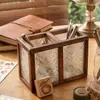 Porta-Canetas de Vidro Embossado Flor Begônia Retrô com Base de Madeira Sólida, Compartimento Duplo, Recipiente de Armazenamento para Papelaria e Diversos de Mesa de Escritório, Ornamento