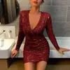 2027 Amazon Otoño e Invierno Nueva Ropa Europea y Americana para Mujer Sexy Escote en V Ajustada al Cuerpo Falda Corta Vestido de Moda con Lentejuelas para Mujer