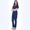 Conjunto de uniforme de trabalho elástico de alta qualidade de secagem rápida com decote em V para homens e mulheres, adequado para médicos, enfermeiros e funcionários de salões de beleza, com múltiplos bolsos