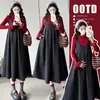 Vestido de lã midi estilo francês para maternidade Outono/Inverno 2026, vestido de maternidade plus size com renda, suéter de lã, conjunto de maternidade