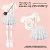2026 Nuevo Estilo Dulce Hombros Descubiertos Manga Corta Moda Coreana Moño Adorno de Encaje Conjunto de Falda Corta para Niños Mayores