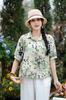 Blusa de algodón y lino con estampado retro artístico de verano para mujer, holgada, adelgazante, elegante, de manga corta, con cuello vertical, talla grande.