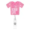 Porta-credencial retráctil con brillos y temática médica, diseño SCRUB LIFE para ropa de trabajo, disponible en varios colores