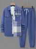 Traje de Hombre Transfronterizo Otoño Solapa Cuadros Combinación de Colores Doble Bolsillo Camisa de Manga Larga Pantalones de Color Sólido Conjunto de Dos Piezas Venta al por Mayor