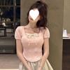 Camiseta de Manga Corta Abullonada con Cuello Cuadrado para Mujer Verano Estilo Francés Diseño Clavícula Nicho Ajustada Adelgazante Corta Top Combinable