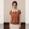 Camiseta de Manga Corta con Cuello Polo y Rayas Marrones para Mujer, Diseño de Punto de Seda Helada de Verano, Top Corto Holgado