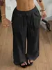 Pantalones anchos de pierna ancha, sueltos, con caída, de textura, con cordón elástico, estilo casual de vacaciones, para mujer, con bolsillos laterales, transfronterizos europeos y americanos