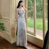 Vestido de Suspensório com Design de Contas Azuis Estilo Resort para Mulheres, Verão, Cintura Longa