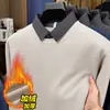 Suéter Masculino em Tricô Waffle com Lã Novo Estilo Outono/Inverno Gola Falso Duas Peças Forrado com Fleece Espesso Quente Camada Base