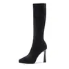 1058-A5 Botas Longas Pretas Sexy de Bico Fino Altamente Elásticas para Mulheres, Outono/Inverno com Zíper Lateral, Emagrecimento Acima do Joelho para Festas