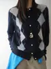 Cardigan de Tricô Longo com Padrão de Diamantes Estilo College Retrô para Mulheres, Casaco de Lã Cashmere Escovada com Gola Redonda e Color Block para Outono