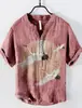 Camisa de Manga Corta con Cuello en V de 3 Botones, Estampado Digital, Paisaje de Carpas 3D Digital con Transferencia de Calor, Transfronteriza Europea y Americana 2024
