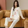 Pijama de Algodón Puro para Mujer Primavera y Otoño, Manga Larga, Pantalón Largo, Cuello Redondo, Sin Capucha, Holgado, Casual, Lindo Oso de Dibujos Animados Ropa de Casa